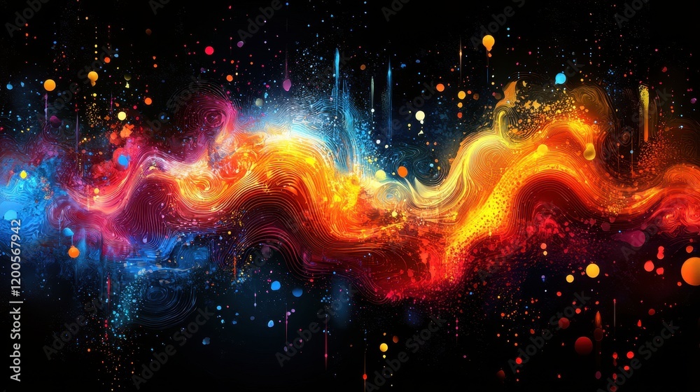 A vibrant abstract design featuring colorful swirls and dots against a dark background. A vibrant abstract design featuring colorful swirls and dots against a dark background.
