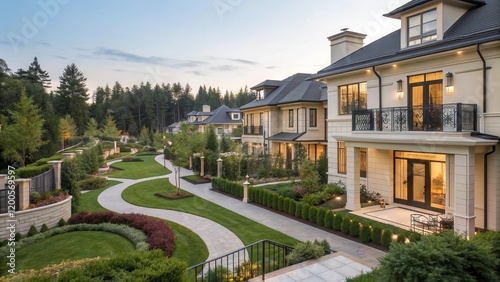 Upscale Townhouse in a Gated Community With Beautifully Landscaped Gardens at Twilight. Generative AI