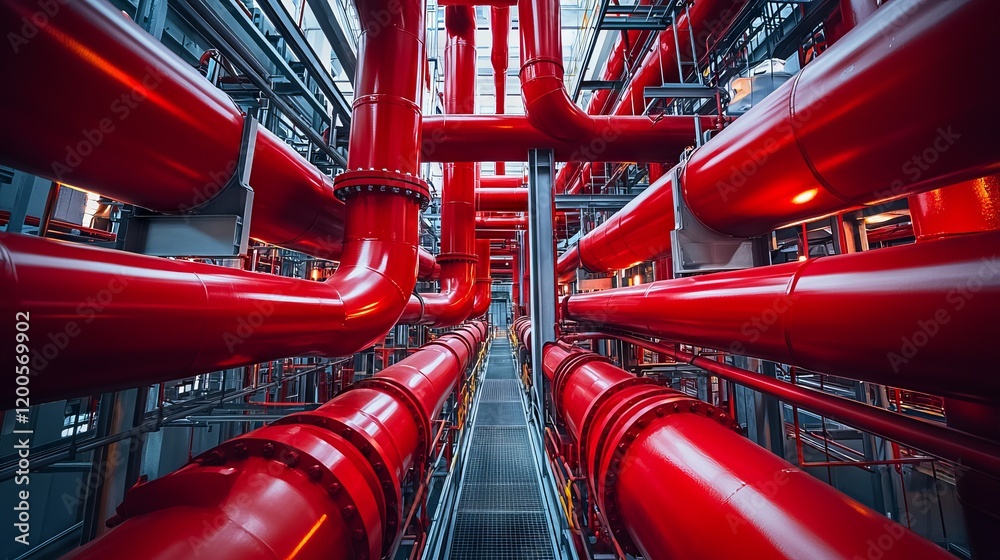 Vibrant Red Industrial Pipes in Modern Facility Vibrant Red Industrial Pipes in Modern Facility