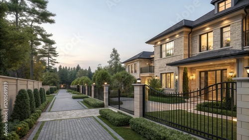 Upscale Townhouse in a Serene Gated Community Surrounded by Lush Greenery. Generative AI