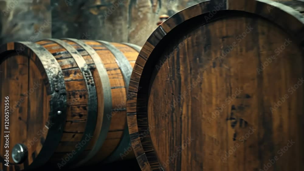 Rustic wine barrels stored in a dimly lit cellar. Wine-making and traditional craftsmanship theme. High quality 4k footage Rustic wine barrels stored in a dimly lit cellar. Wine-making and traditional craftsmanship theme. High quality 4k footage