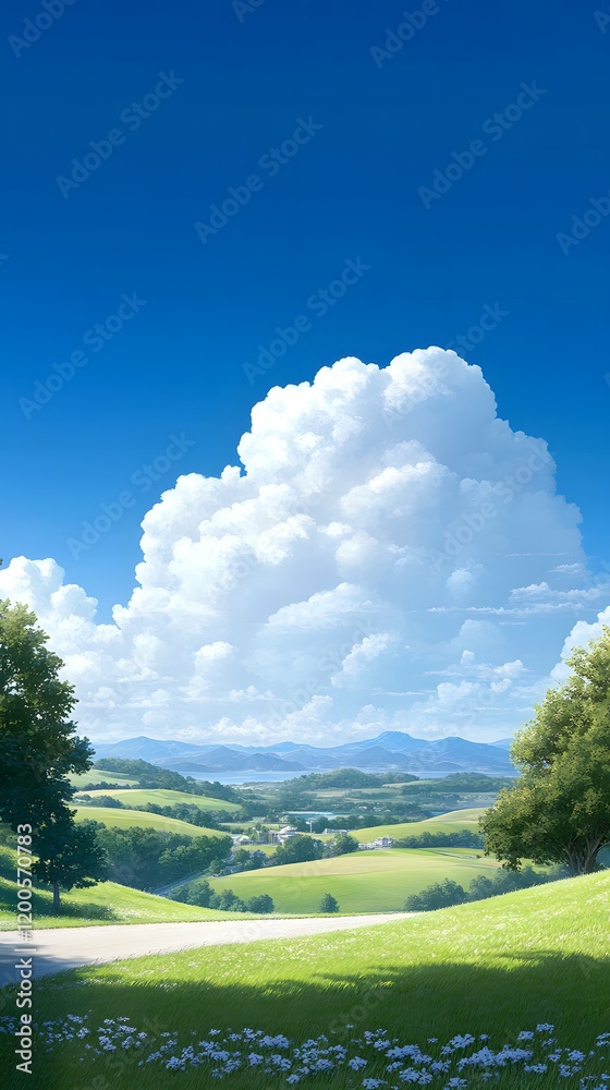Obraz premium Serene countryside landscape with lush greenery and fluffy clouds overhead.