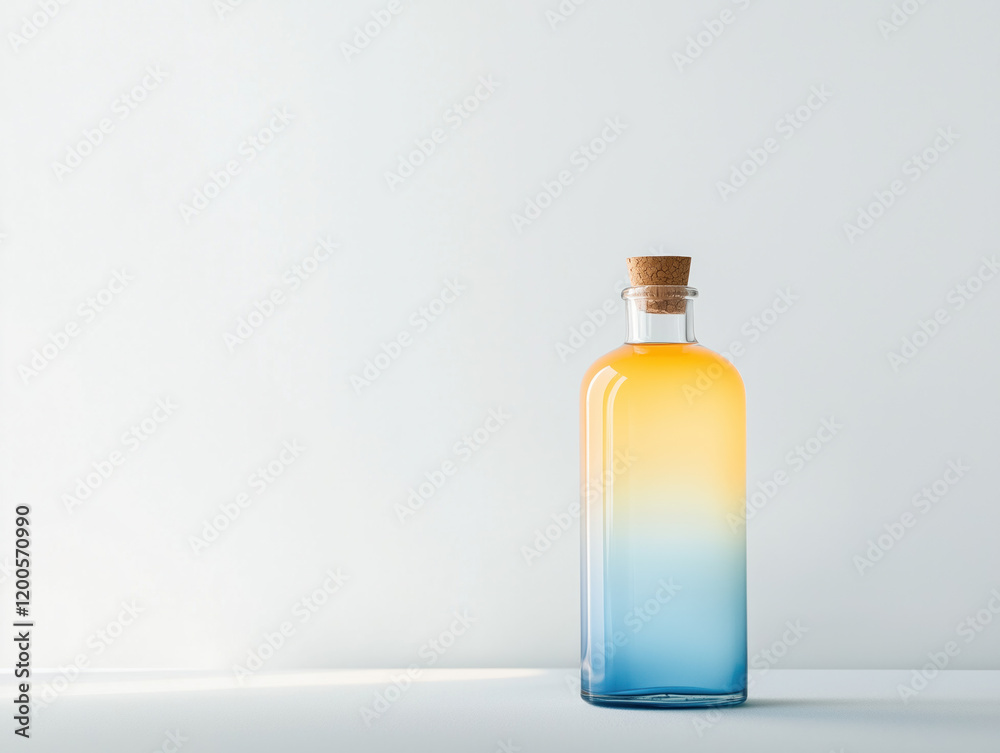 Gradient Glass Bottle with Cork Stopper on Minimalist Background Gradient Glass Bottle with Cork Stopper on Minimalist Background