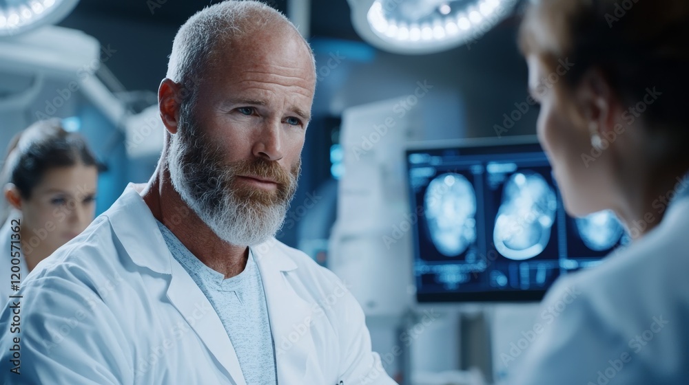 Focused medical team discussing patient scans in a modern operating room.