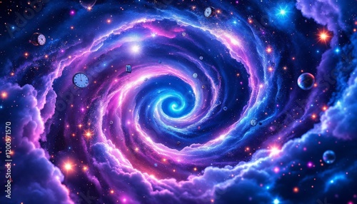 Time travel concept, spiral galaxy, space, stars, and clocks. Abstract cosmic background.