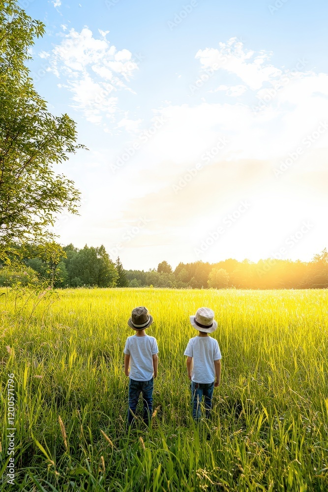 Children Watching Sunset in Open Field Children Watching Sunset in Open Field