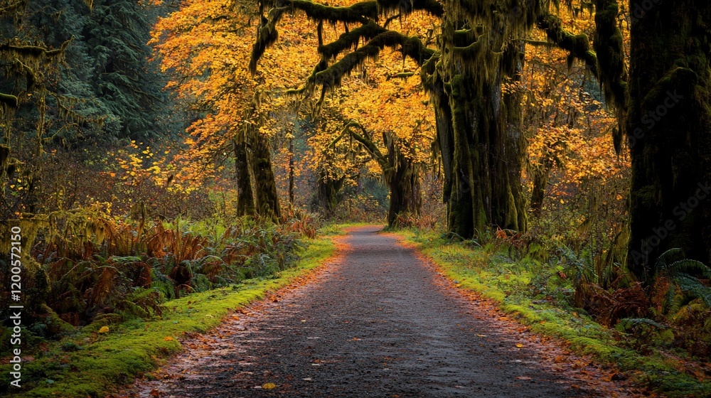 Autumnal path through mossy forest. Autumnal path through mossy forest.