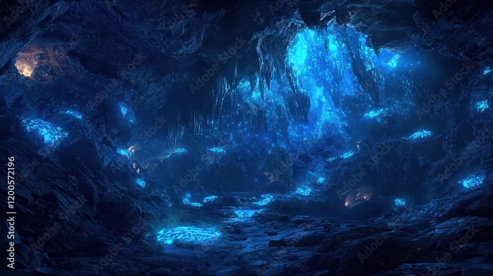 Obraz premium A breathtaking cave with glowing bioluminescent fungi covering the walls, casting a magical blue light on the rocky floor.