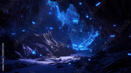A breathtaking cave with glowing bioluminescent fungi covering the walls, casting a magical blue light on the rocky floor.