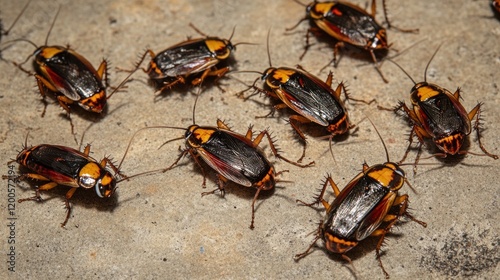 A close-up image of several cockroaches with distinctive orange and black coloring. photo