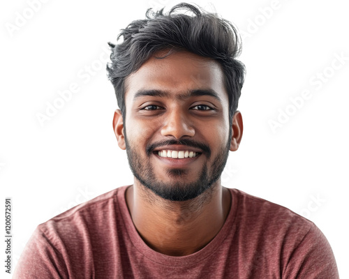 Smiling young man with dark hair, wearing casual shirt, isolated on transparency background. His cheerful expression conveys warmth and friendliness