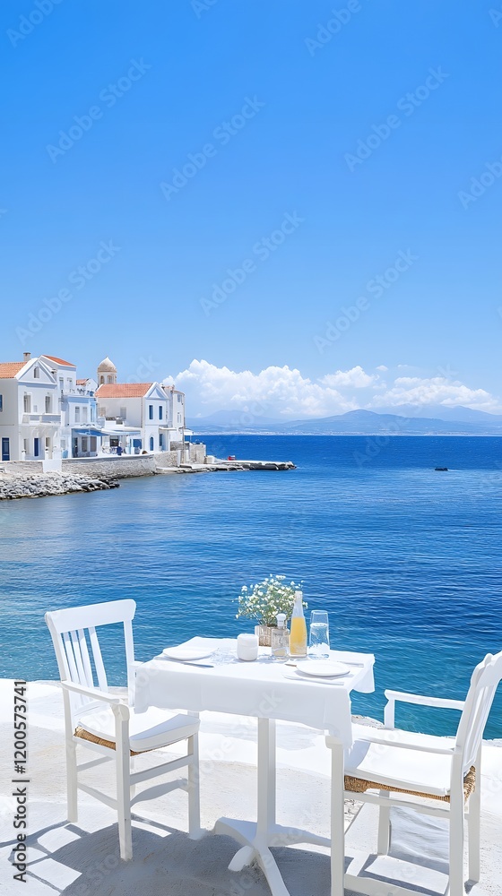 Seaside dining table with a stunning view of the azure waters and white architecture. Seaside dining table with a stunning view of the azure waters and white architecture.