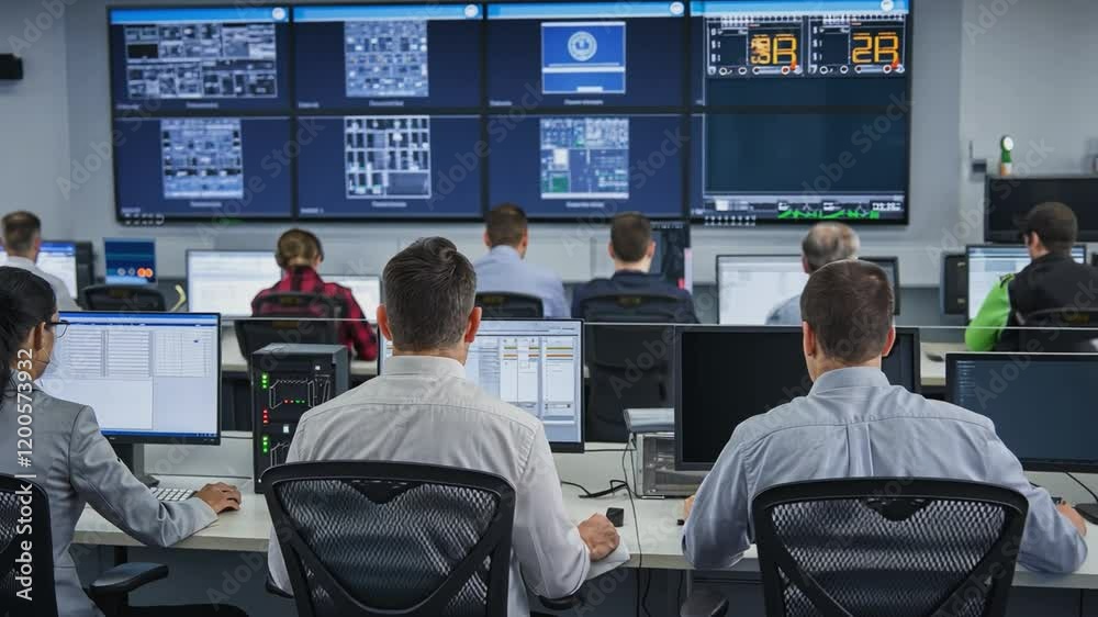 Monitoring the Network: A team of IT specialists intently monitors a vast network of screens displaying complex data streams in a high-tech control room.