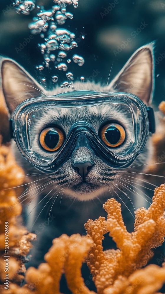A gray cat wearing a tiny scuba mask, looking directly at the viewer with a surprised expression, surrounded by coral. A gray cat wearing a tiny scuba mask, looking directly at the viewer with a surprised expression, surrounded by coral.
