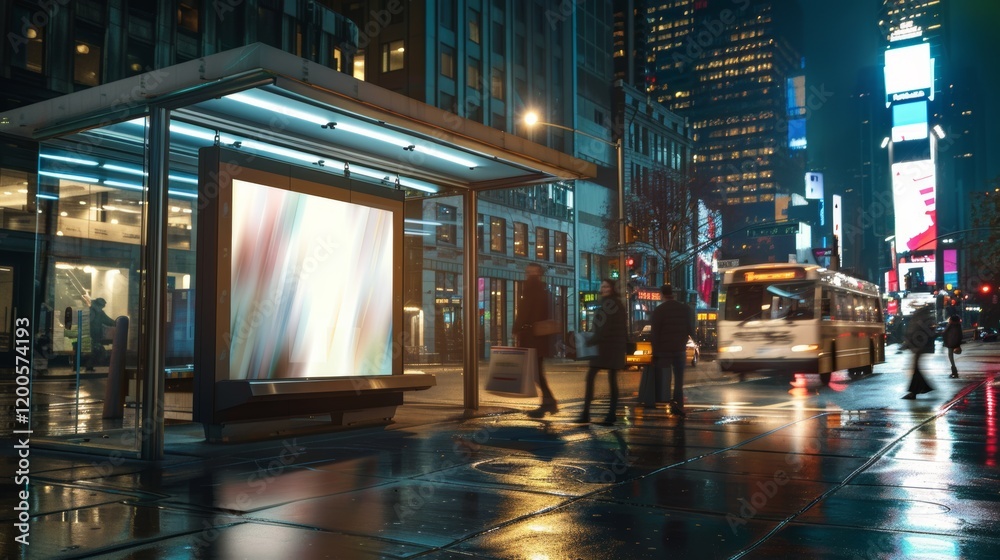 Design a nighttime cityscape featuring a modern bus stop, The central element is a brightly lit Design a nighttime cityscape featuring a modern bus stop, The central element is a brightly lit