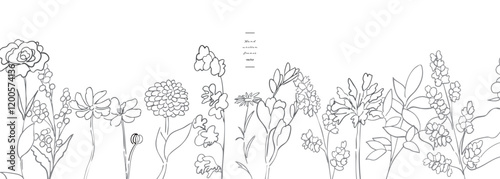 植物の線画イラスト。植物のベクターポストカードテンプレート。草木と花の線画シンプル背景。Line drawing illustration of plants. Plants vector postcard template. Line drawing simple background of plants and flowers.