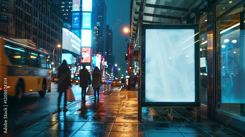 Design a nighttime cityscape featuring a modern bus stop, The central element is a brightly lit Design a nighttime cityscape featuring a modern bus stop, The central element is a brightly lit
