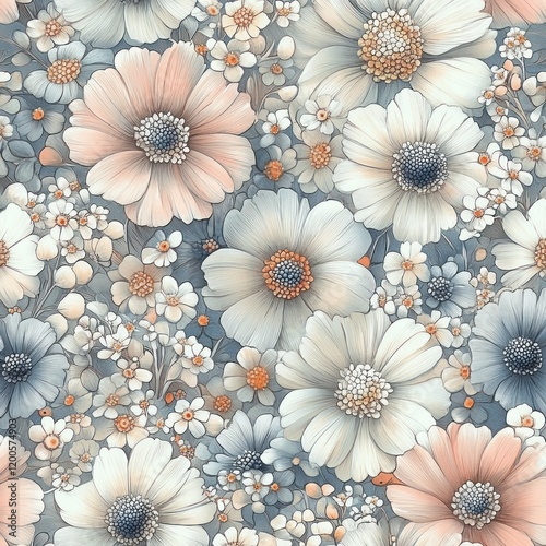 Floral Pattern Vintage Illustration Soft Pastel Colors Ditsy Print Seamless Design Nature Decoration