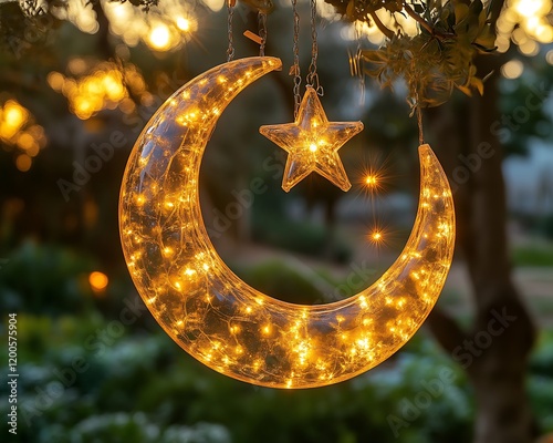 Illuminated crescent moon and star hanging from tree. photo