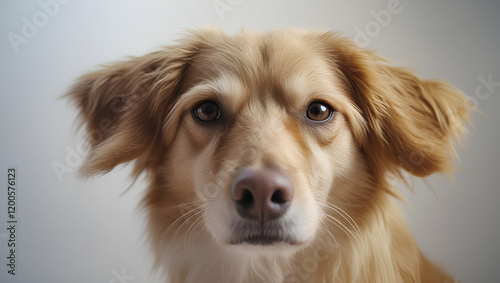 Portrait of a happy golden retriever puppy sitting in a studio