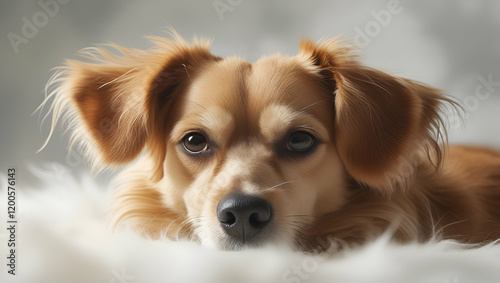 A golden retriever puppy portrait sitting in a studio, looking adorable and fluffy