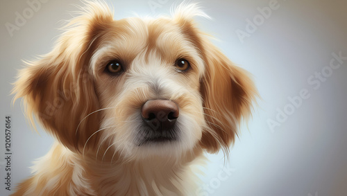 A happy golden retriever puppy sitting in a studio portrait