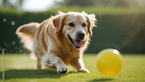 A happy golden retriever puppy sitting in the grass, looking cute and playful