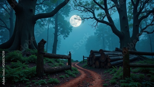 A charming red dirt path curves elegantly to the right, flanked by lush greenery and rustic wooden fences on both sides, creating a serene woodland trail experience photo