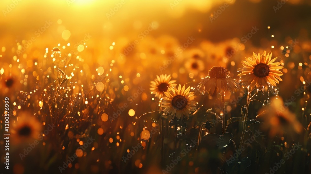 Obraz premium A vibrant sunflower field at sunrise, with golden light illuminating the flowers and dew on their petals.