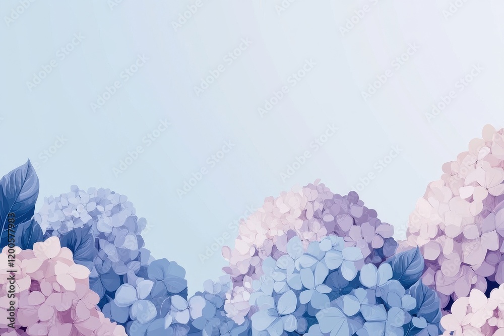 Pastel Hydrangeas Frame a Light Blue Background Pastel Hydrangeas Frame a Light Blue Background