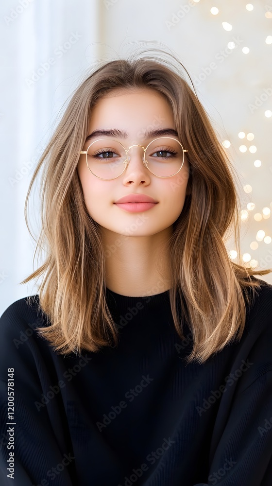 Fototapeta premium Smiling young woman with long brown hair and round glasses against a soft background.