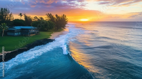 Powerful surfing tube wave breaking on the shore in Hawaii at sunset, ocean abstract photo