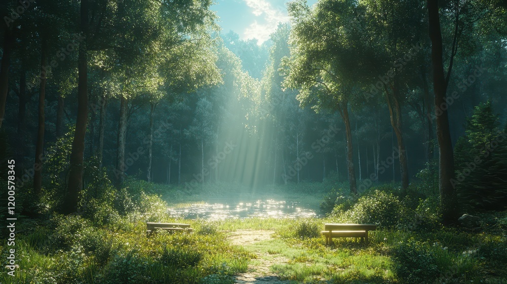 Fototapeta premium A serene forest scene with benches and sunlight illuminating a tranquil pond.