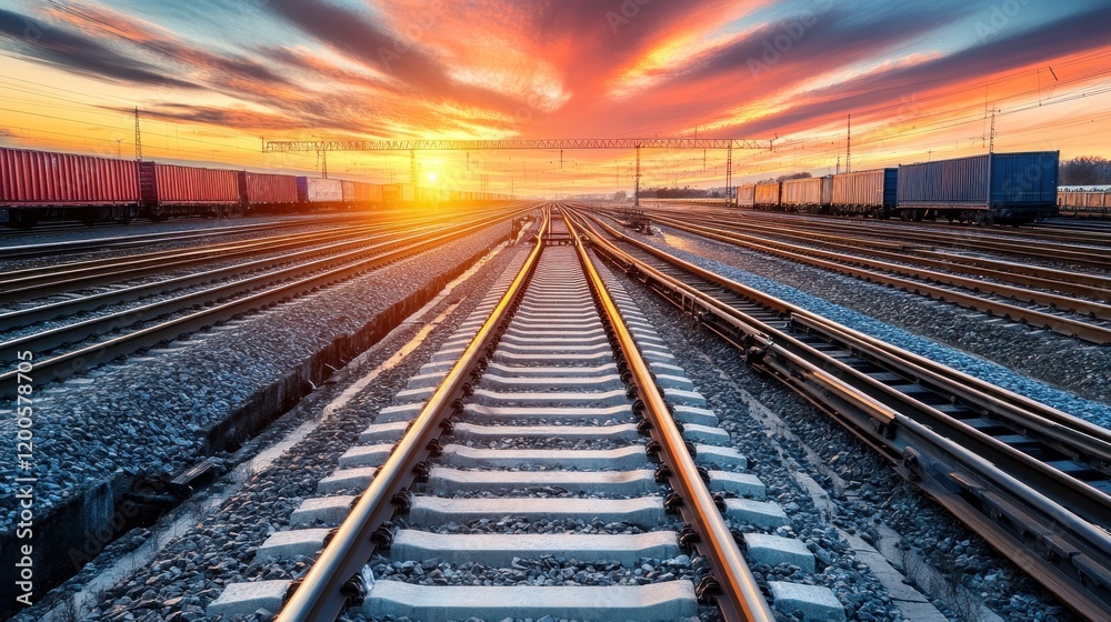 Sunset over railway tracks with freight containers in the background. Sunset over railway tracks with freight containers in the background.