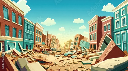 A cartoonish depiction of a devastated urban landscape with debris scattered among buildings. photo