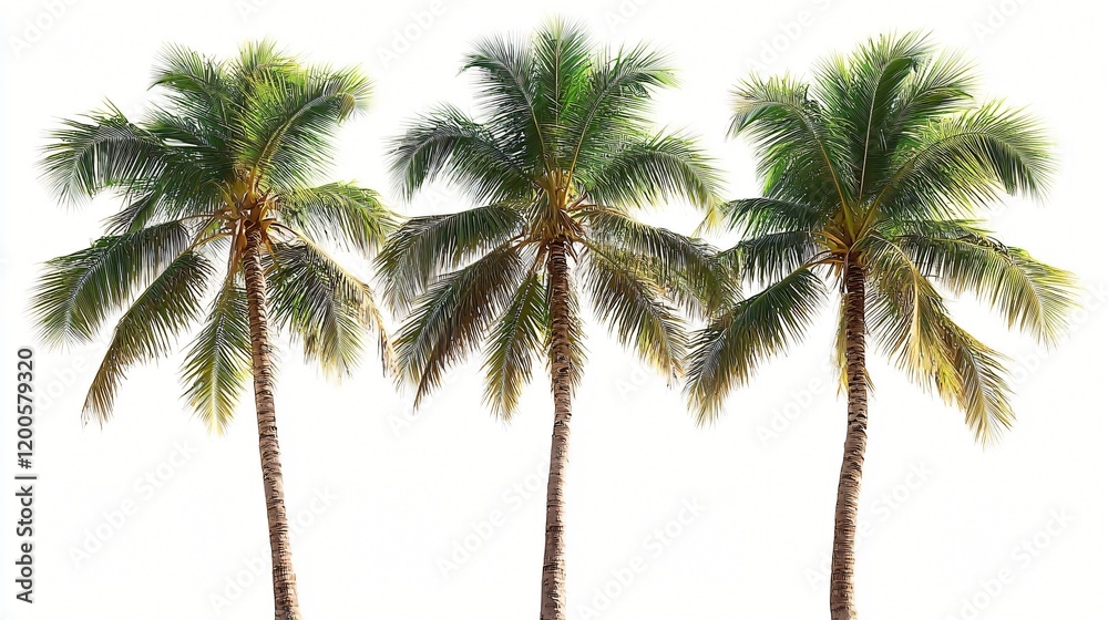 Fototapeta premium Three Lush Coconut Palm Trees on White Background Tropical Paradise Vacation Idyllic Summer Scene