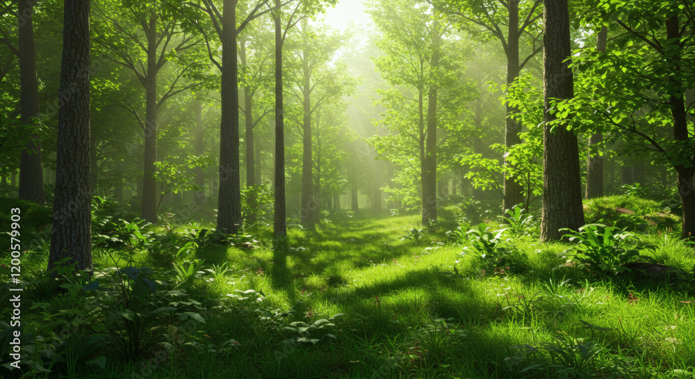 Fototapeta premium Sunlit Green Forest Path Lush Nature Scene Tranquil Woods