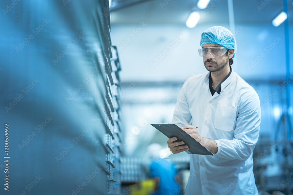 Inspector performing quality checks in a modern food production facility Focus on precision safety and workflow optimization in industrial manufacturing. Inspector performing quality checks in a modern food production facility Focus on precision safety and workflow optimization in industrial manufacturing.