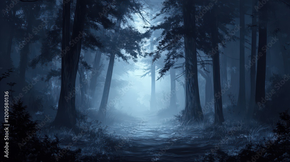 Fototapeta premium A Mystical Moonlight Path Through A Foggy Forest