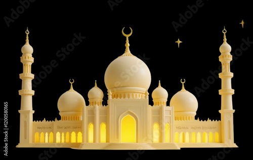 3D Claymorphism Mosque with Yellow Lighting, Sharp and Fine Feature Details, HD Finish on Transparent Backgrounds photo