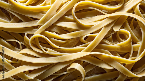 Close-up of raw fettuccine pasta, showcasing its smooth texture and long, flat strands photo