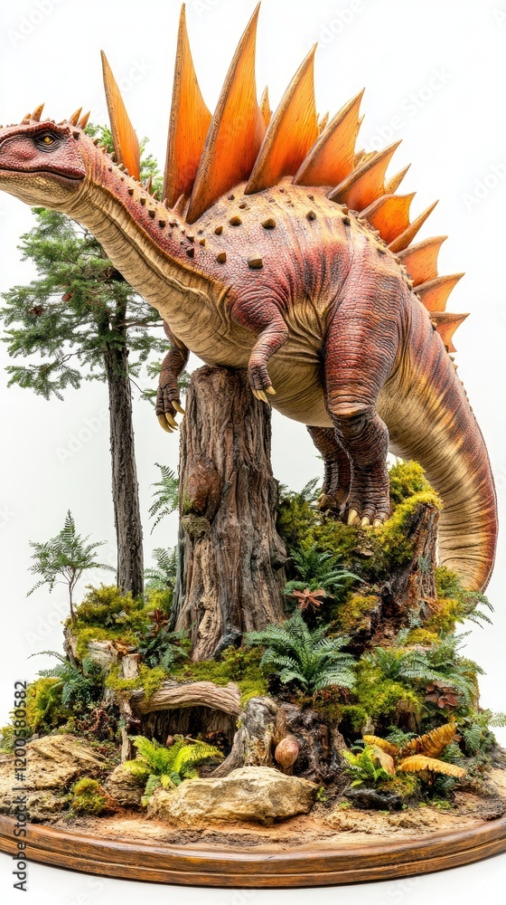 Fototapeta premium Vibrant Dinosaur Sculpture on Tree Stump in Lush Miniature Forest Diorama