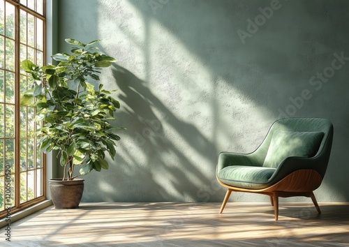 Minimalist living room with green upholstered chair potted plant soft lighting white wall contemporary design photo