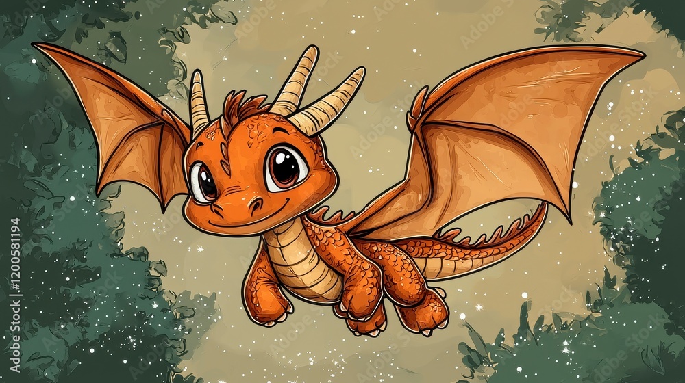 Naklejka premium Cute Cartoon Dragon Flying in a Fantasy Forest Setting