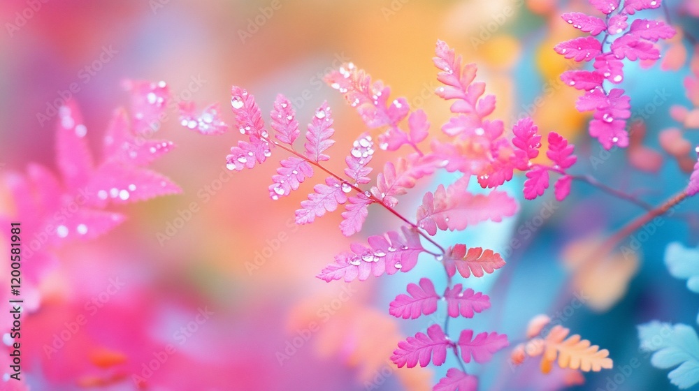 Pastel pink, orange, and blue fern leaves with water droplets. Pastel pink, orange, and blue fern leaves with water droplets.