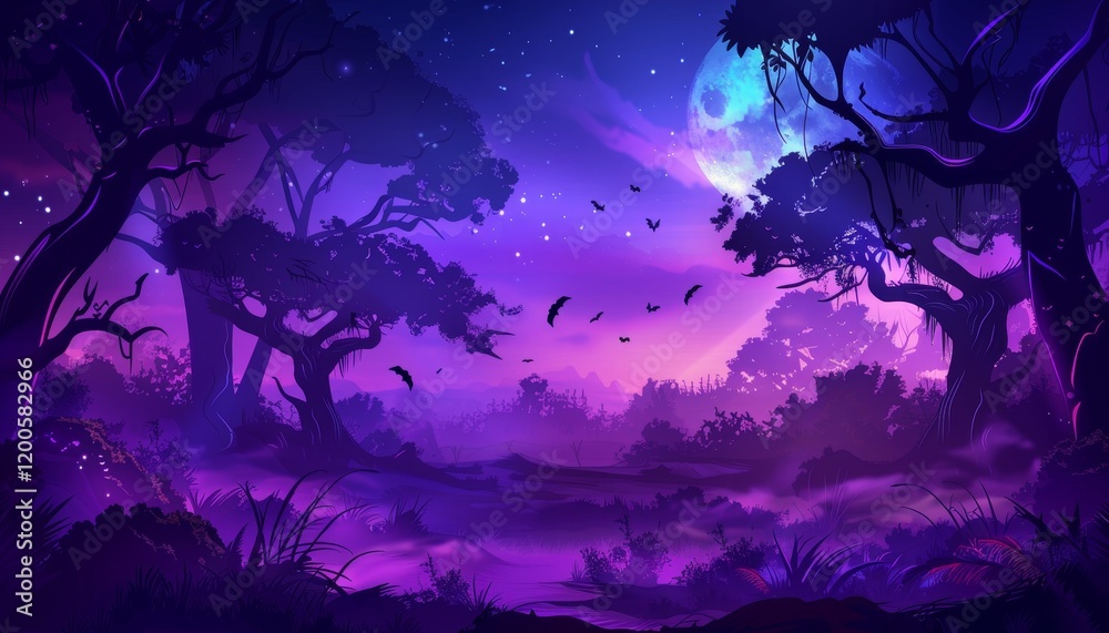 Fototapeta premium A surreal, nighttime forest scene with a large blue moon and purple lighting. Silhouettes of trees and foliage in the foreground.
