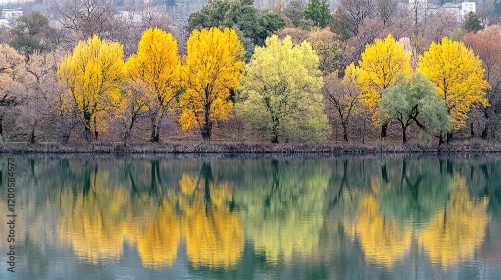 Obraz premium Autumnal trees reflected in calm lake water, cityscape background; nature calendar