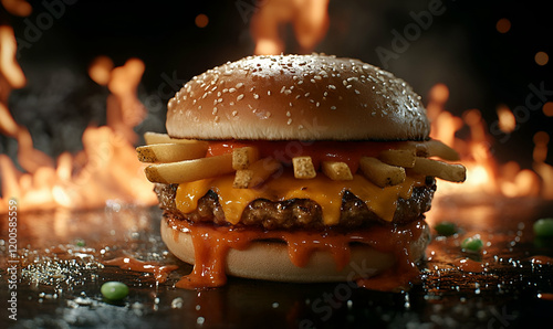 Fiery Cheeseburger Fries Flame Ad photo