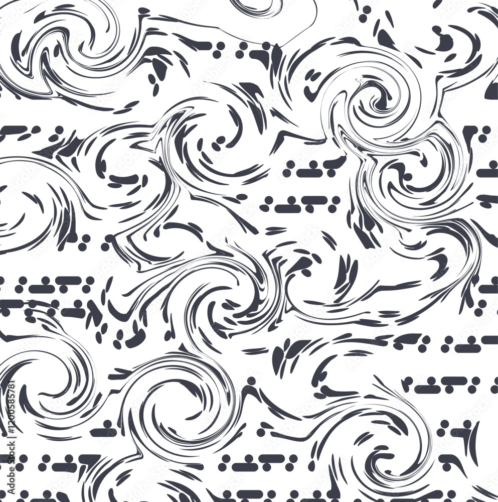 Fototapeta premium Small dots and spots are distorted by large swirls or spirals.