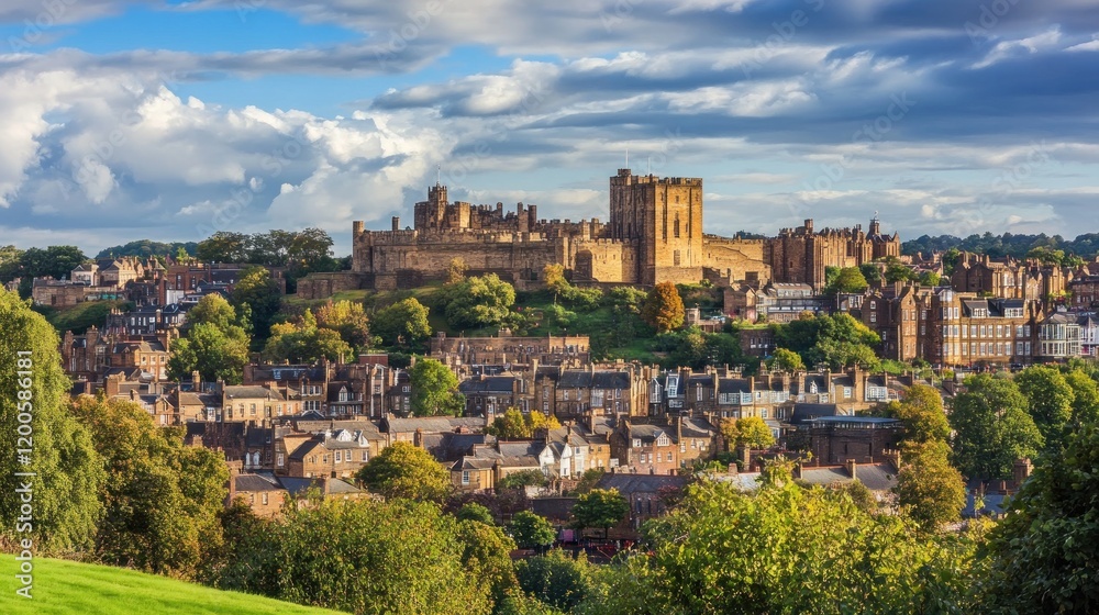 A scenic view of a historic castle overlooking a town, surrounded by greenery and clouds. A scenic view of a historic castle overlooking a town, surrounded by greenery and clouds.